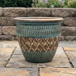 Teal & Bronze Patterned Decorative Planter
