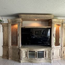"Large Solid Wood Entertainment Center / TV Stand with Storage & Lights"