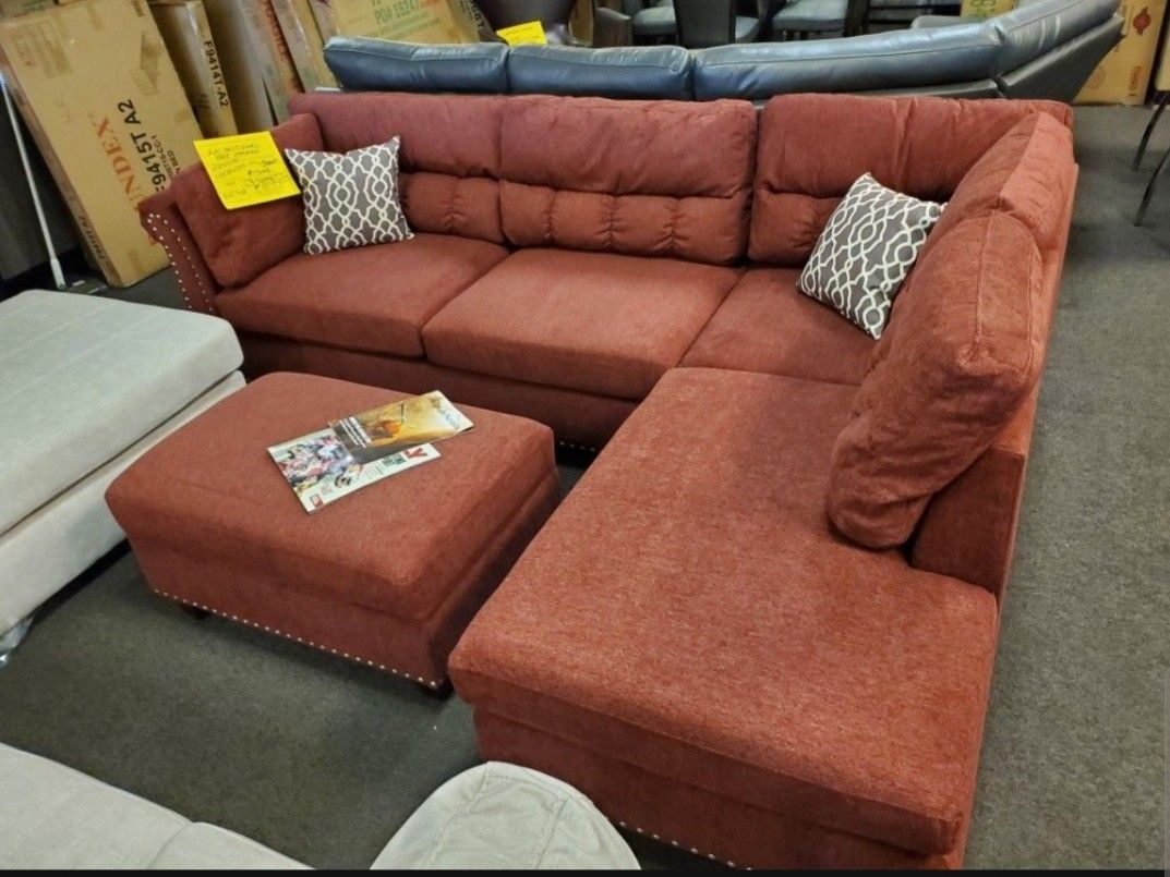 Brand New Red Velvet Like Sectional Sofa +Storage Ottoman (New In Box) 