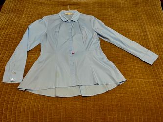 MICHAEL KORS Light Blue Peplum Long Sleeve Button Down Blouse