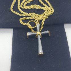 Gold And Black Onyx Cross And Rope Necklace
