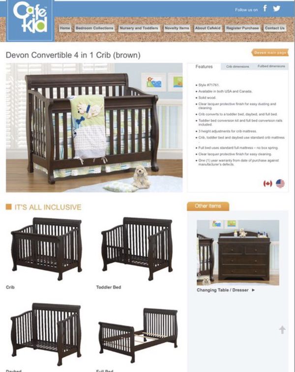 Cafe Kid Devon Convertible 4 In 1 Crib To Twin Bed Brown For Sale