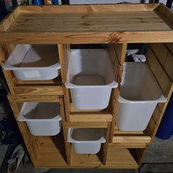 Stackable Wooden Storage w/ Plastic Bins 38"W x 51"H x 17" D $40