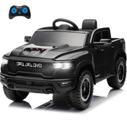 RAM 1500 Ride on Car Toy for Kids, 12V Powered Ride on Truck Toy with Remote Control, 4 Wheel Suspension, Safety Belt, Music, Bluetooth, LED Lights, E