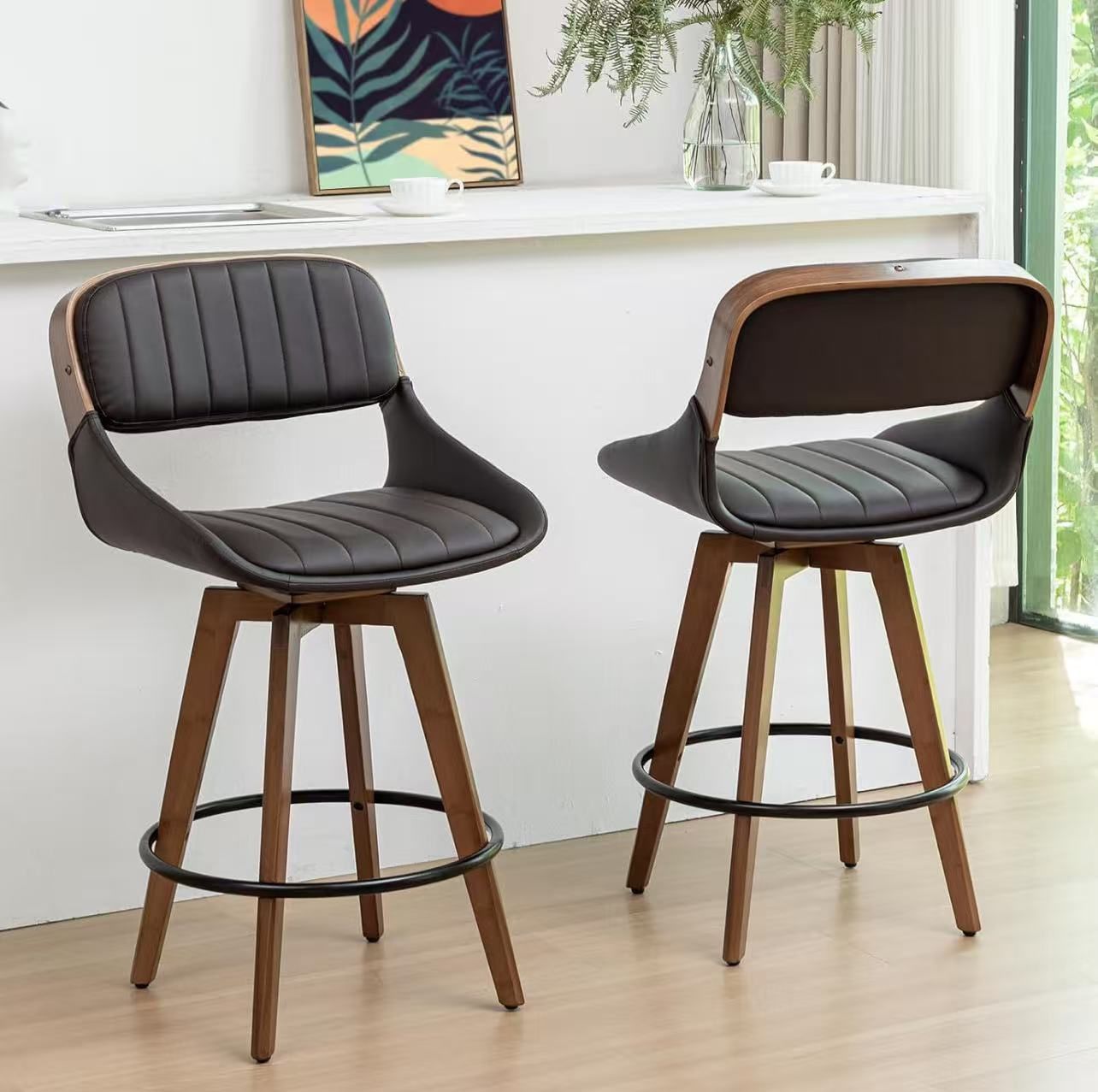 Set of 2 Counter Height Bar Stools - 26.4 inch Mid Century Bar Stools with Upholstered Seat, Cushion Back, Curved Arms, Counter Stools for Island/Kitc