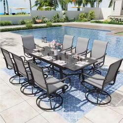 Black 9-Piece Metal Patio Outdoor Dining Set with Extendable Table and Textilene Swivel Chairs