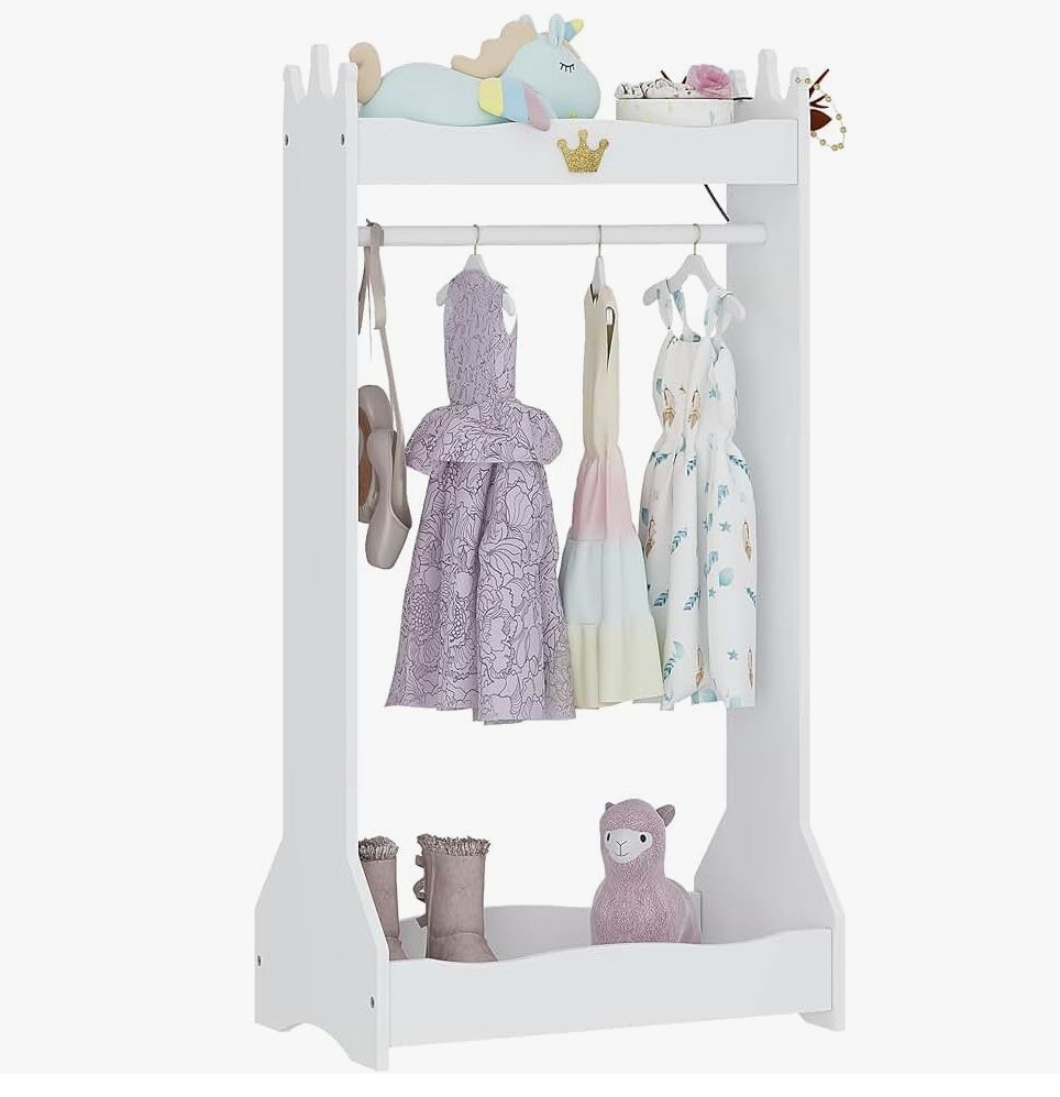 Kids Dress Up Storage, Kids' Costume Organizer Center, Open Hanging Armoire Closet, Kids Armoire with Rack for Toddler 3 Age+, White(GH12)