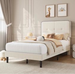 Cream Upholstered Platform Bed Frame