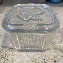 PRICE REDUCED!  “VERY OLD GLASS REFRIG CONTAINER W/ETCHED VEGGIES ON INSIDE LID~~and VINTAGE  (4 PIECES W/ Lid) CORNFLOWER PYREX  