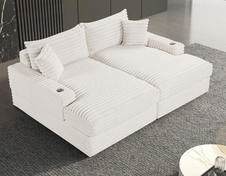 Brand New White Super Plush Chenille Double Chaise Sofa