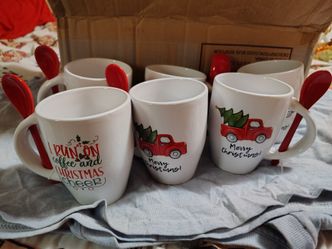 Christmas Ceramic Mugs with Spoons Set of 6