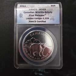 Graded canadian wildlife grizzly bear 1 oz silver
