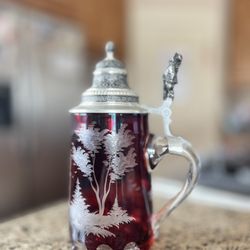 Bohemian Ruby Red Engraved Glass Beer Stein
