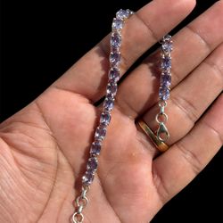 925 Sterling Silver Double Tone Bracelet | Amethyst & Aquamarine Adjustable 8.2