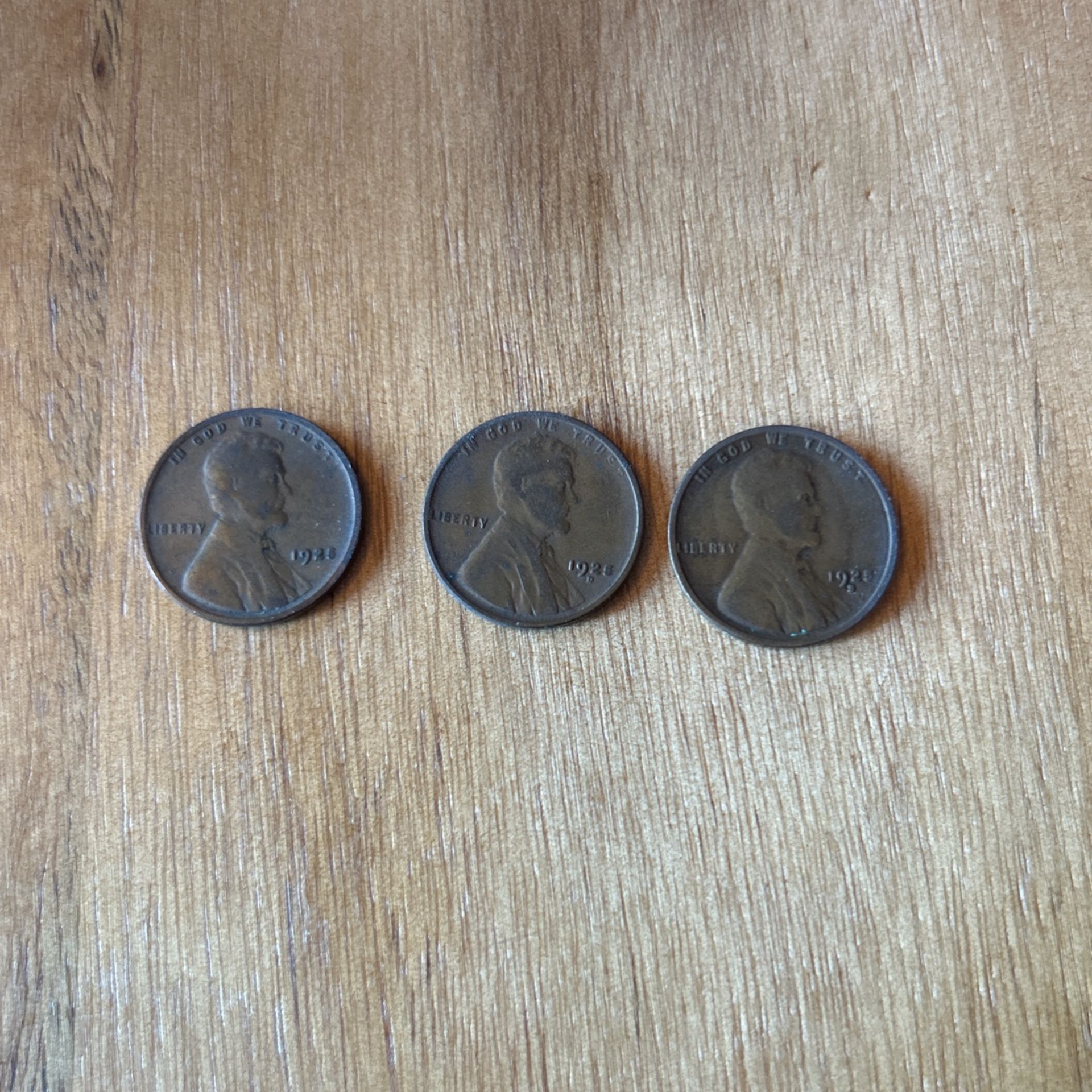 1925, 1925-d, and 1925-s wheat Pennies