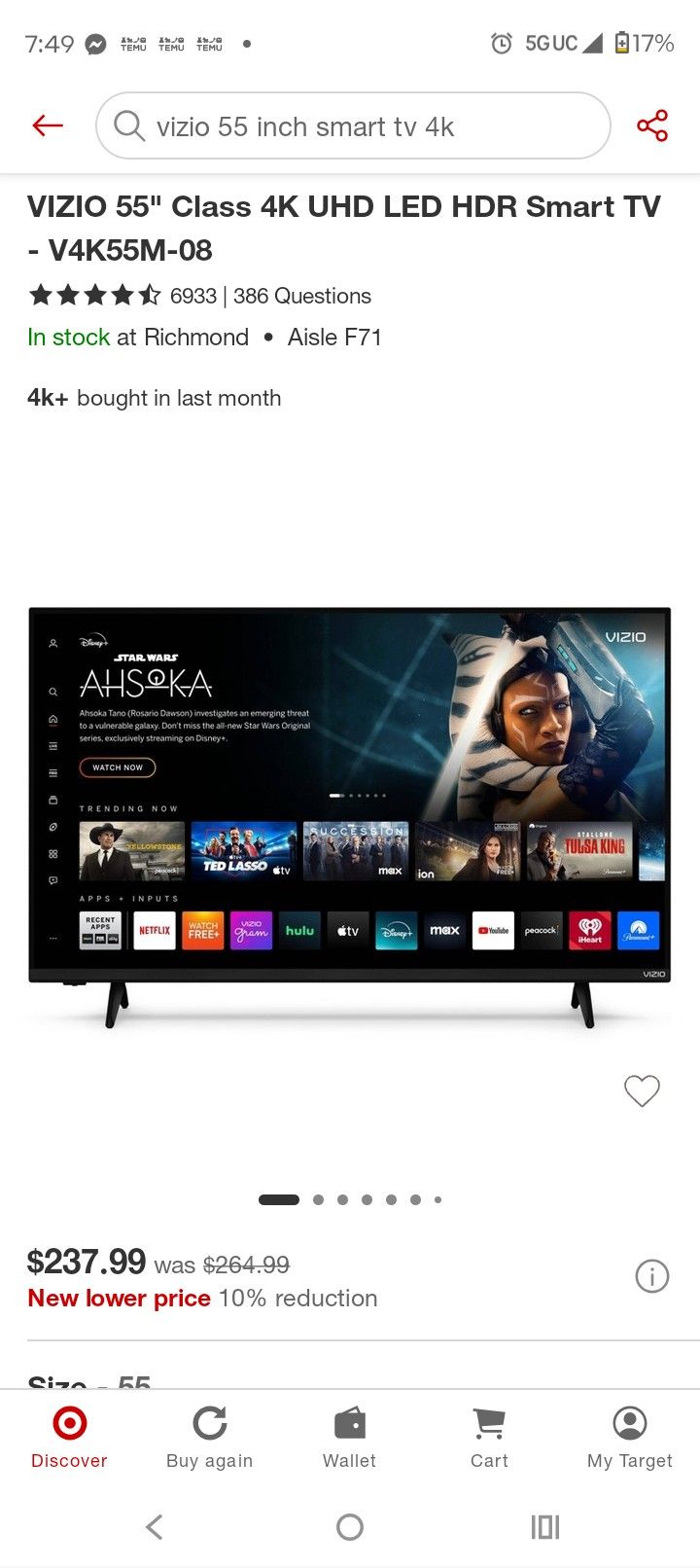 55' 4k Smart Vizio TV New