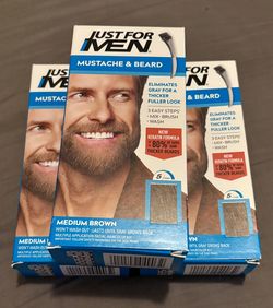3 Pack - Just For Men Mustache & Beard, Beard Coloring for Gray Hair with Brush, With Keratin (M-35), Medium Brown