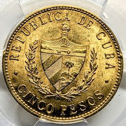 RARE 1915 5 Peso Cuba Gold Coin PCGS MS62