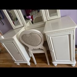 Antique White Vanity with Mirror and Chair