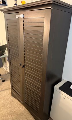 Dark Brown Wood Cabinet with Louvered Doors