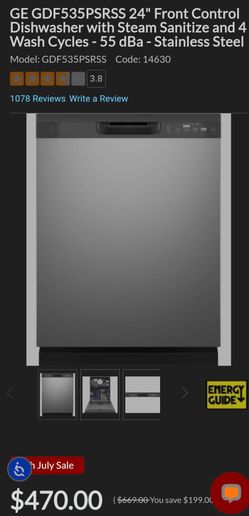GE GDF535PSRSS 24" Front Control Dishwasher with Steam Sanitize and 4 Wash Cycles - 55 dBa - Stainless Steel
model: gdf535psrss