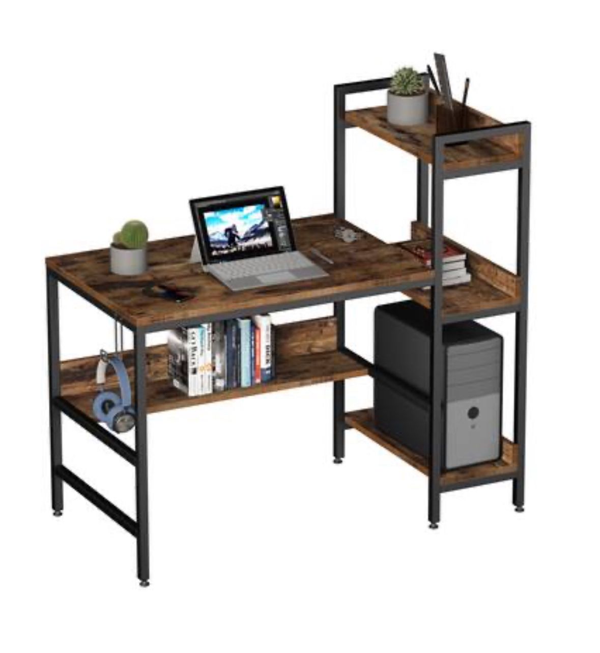 Reversible Computer Desk with Storage Shelves - Rustic Brown