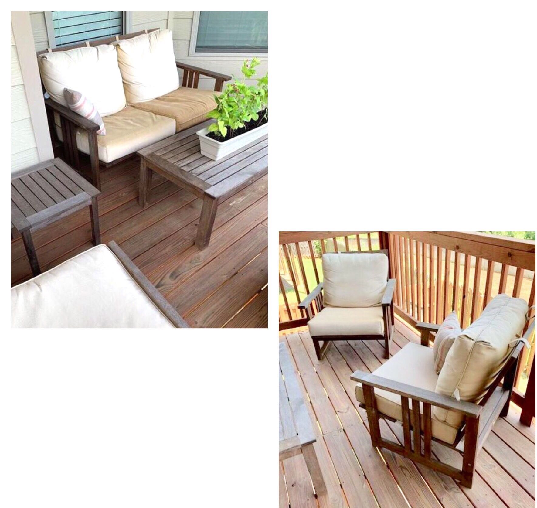 Backyard Creations® Bayfield Collection 7-Piece Seating Patio Set TEAK Wood Patio Furniture Outdoor Collection with Cream Cushions Sofa Two Chairs wi