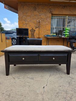 ​✨ Dark Wood Storage Bench with Upholstered Cushion ! ✨