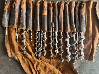 Vintage Auger Drill Bit Set in Original Tool Roll – Wood Boring Brace Bits – Antique Carpenter Tools