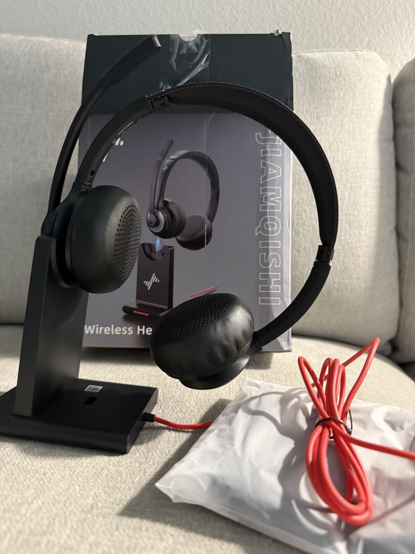 Wireless Headset with AI Noise Cancelling Microphone Bluetooth Headset - Bluetooth V5.2 Headphones with USB Dongle, Charging Base & Mic Mute for Compu