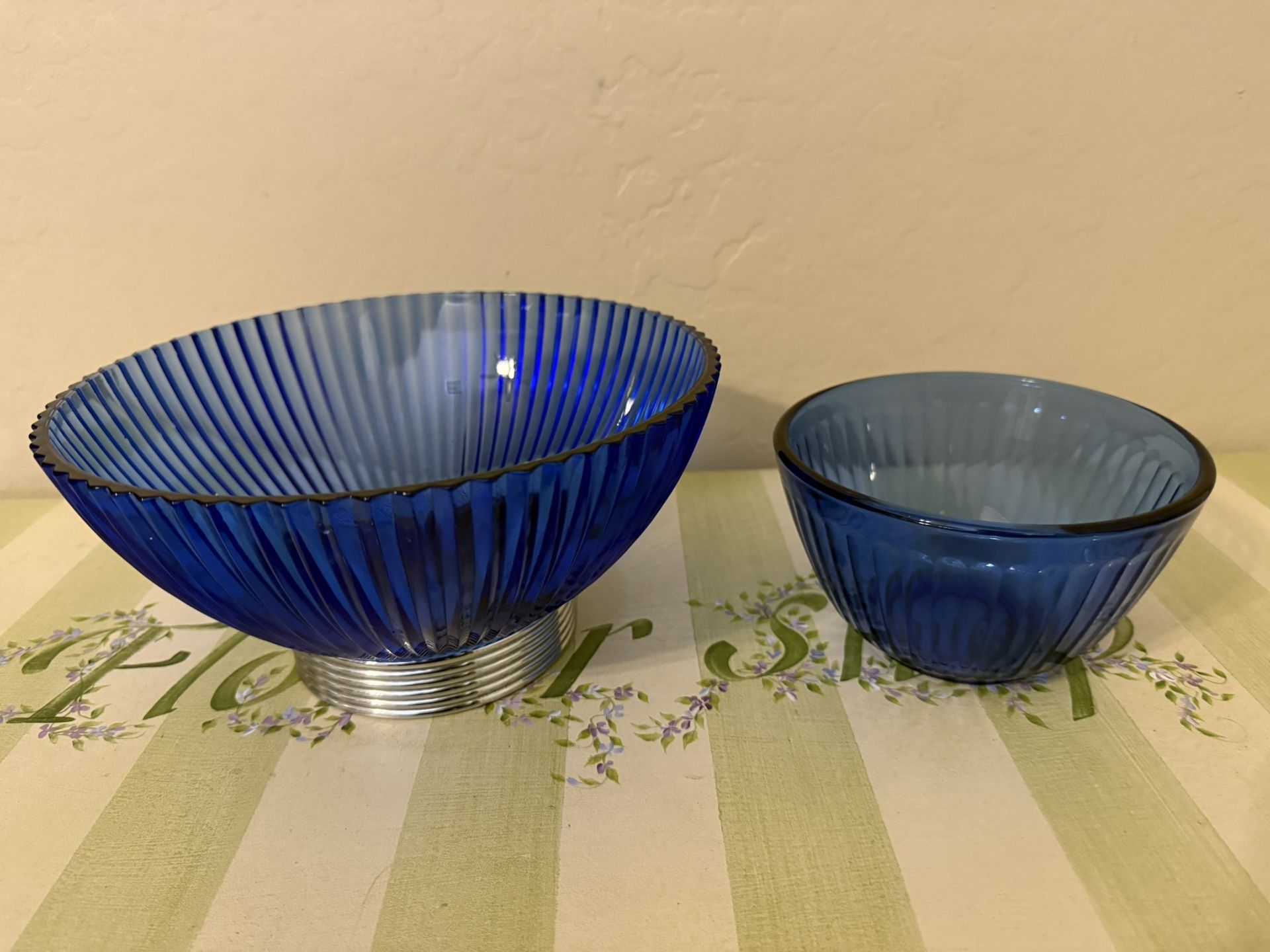 2 Vintage Cobalt Blue Ribbed Bowls