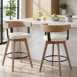 2080d  360° Swivel Bar Stools Set of 2, 26" Seat Height Counter Chairs with Linen White Upholstery Solid Wood Frame & Metal Footrest Modern Kitchen Is