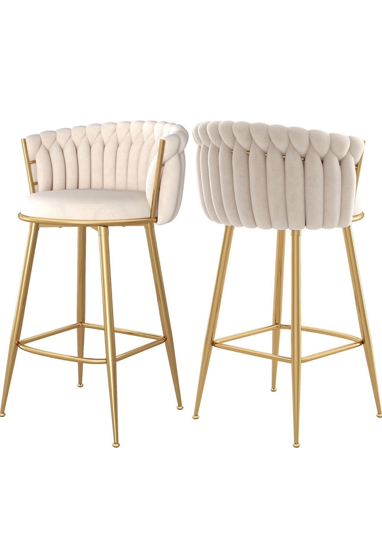 Counter Height Stools Set of 2, Velvet Bar Stools with 27 Inches Upholstered Seat Height, Handmade Woven Back Armrest, Sturdy Golden Metal Legs for Ho