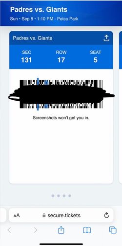 Padres Giants Today 9/8 Section 131 $25