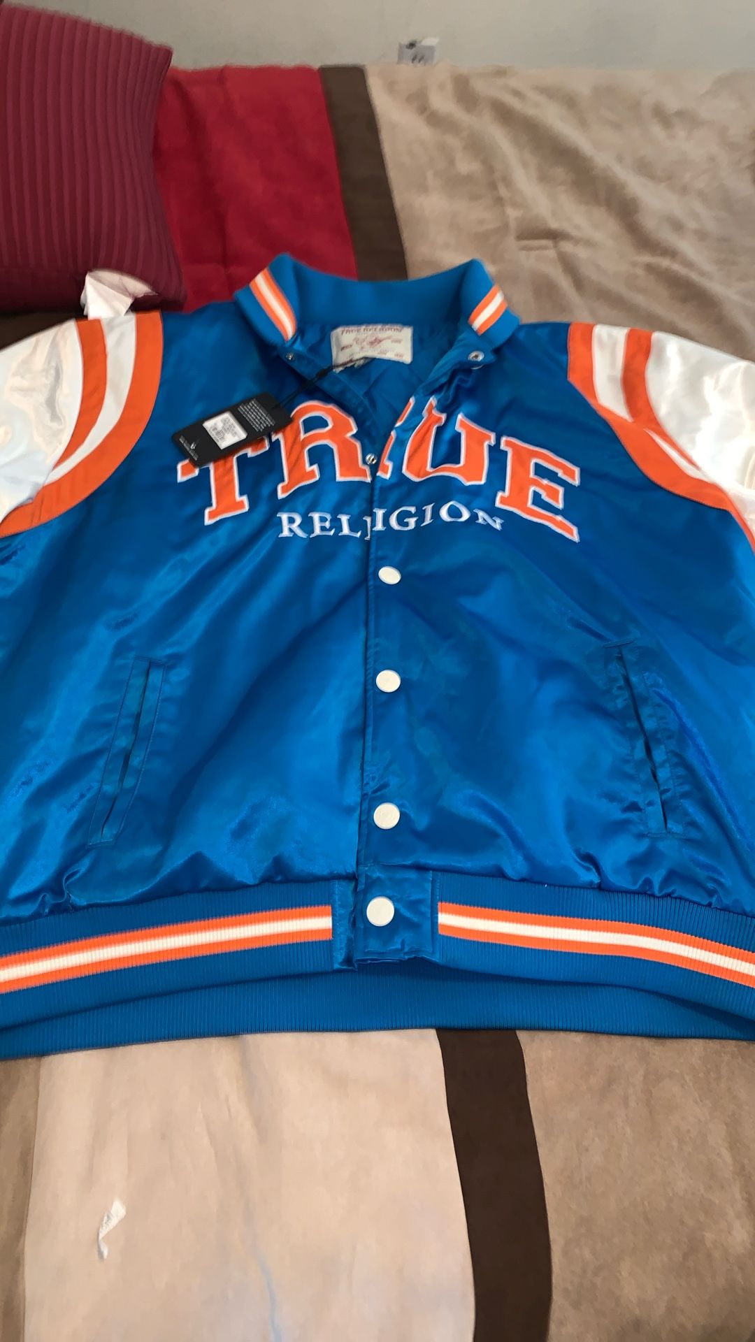 True Religion BLUE/ORANGE VARSITY SOUVENIR BOMBER JACKET 