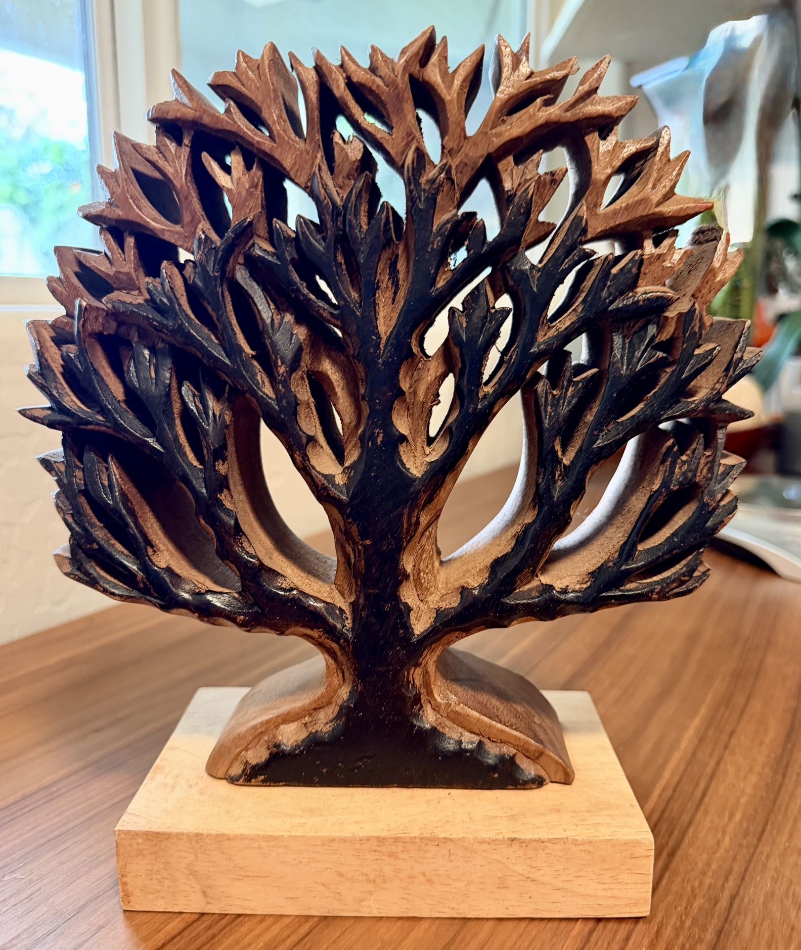 Wooden Tree of Life Sculpture Hand Carved 10" Tall - On Base MCM Wood Beautiful