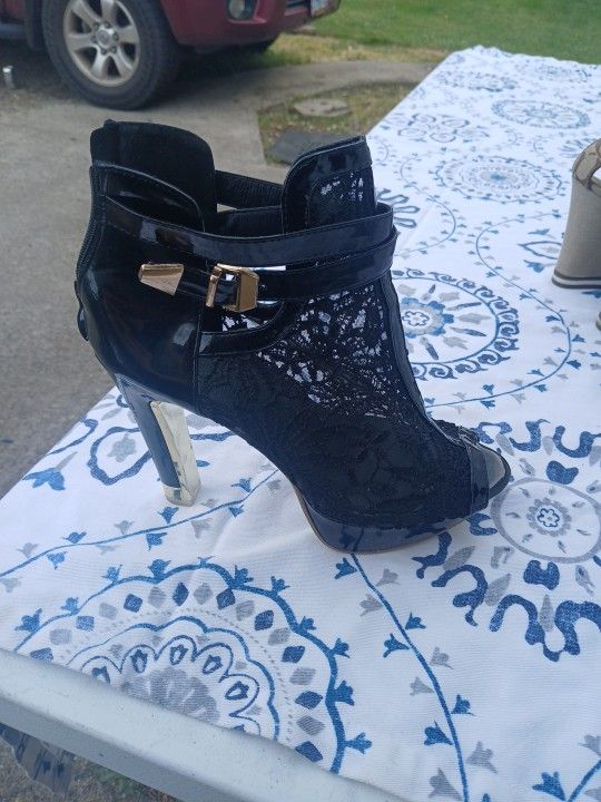 Black Stripper Style Heels Floral Black Lace Pattern