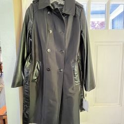 Gorgeous Calvin Klein Black Dress Coat With Faux Leather Accents NEW