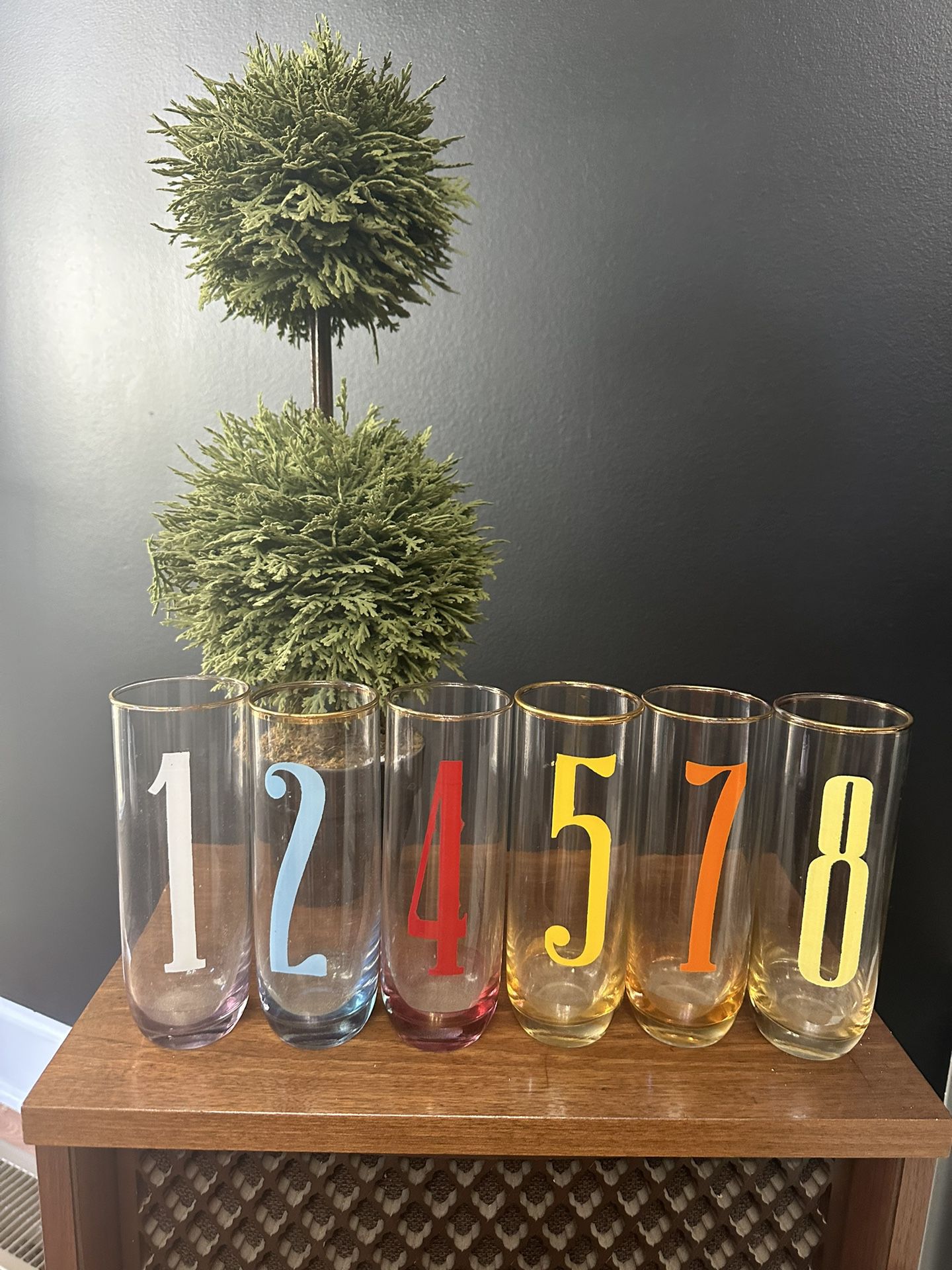 Vintage 1960’s Mid Century Modern Very Rare! Highball Glasses “Lucky Number” ❤️ Gold Trim  Clear Glass  Weighted Rounded Bottom w/Color matching Numbe