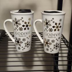 Set Of Two Godiva Ceramic Holiday Theme Coffee Mugs With Lids