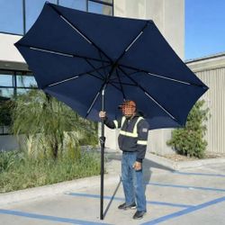 NEW Patio Umbrella With Solar LED Lights 9 Foot Outdoor Umbrella Tilt Adjustable