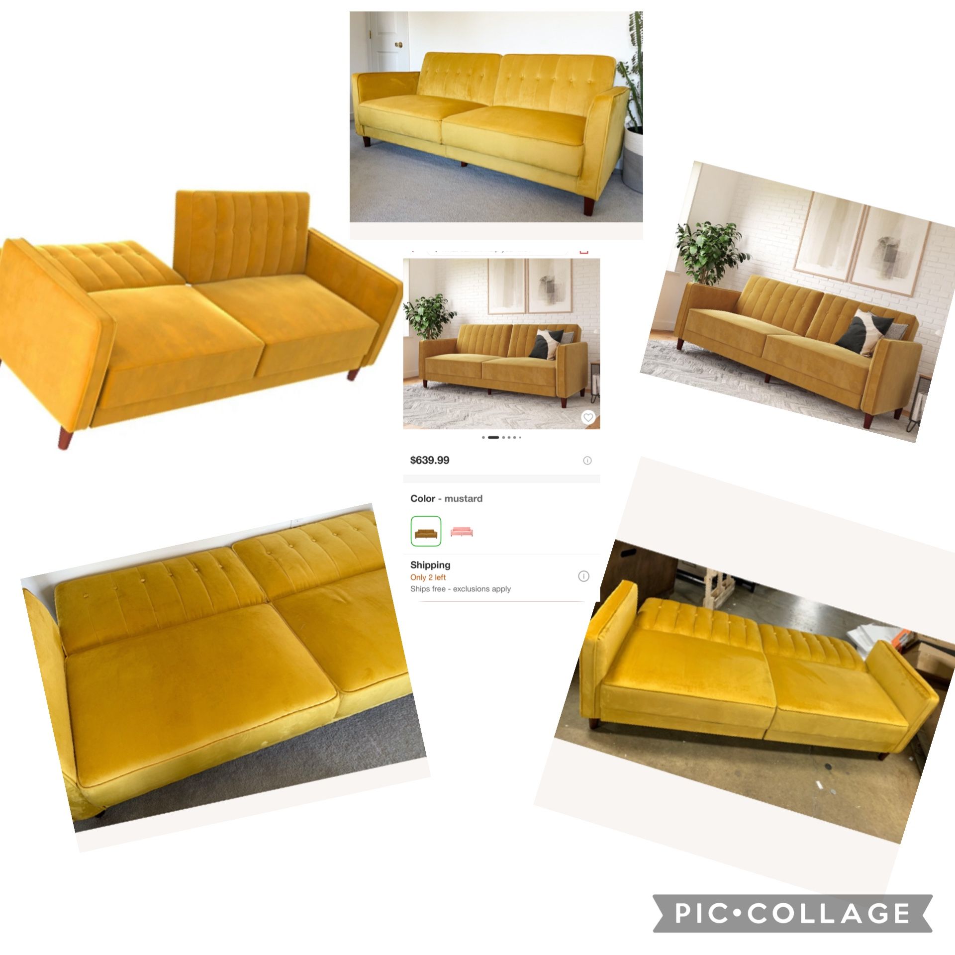 Yellow Nia Velvet Modern Futon Sofa Couch