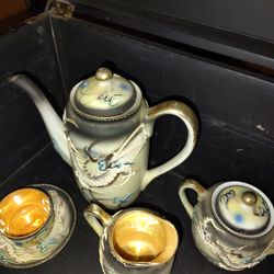 Antique  Hand Carved Chinese Travel Chest W/ Japanese Tea Set