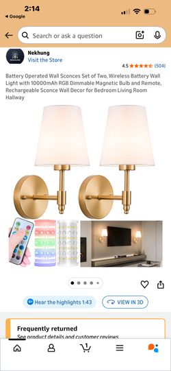 Battery Operated Wall Sconces Set of Two, Wireless Battery Wall Light with 10000mAh RGB Dimmable Magnetic Bulb and Remote, Rechargeable Sconce Wall De