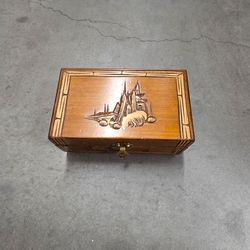 Vintage Wooden Jewelry Box with Mirror & Red Velvet Interior