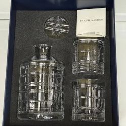 Ralph Lauren Hudson Plaid Crystal Decanter and 2 Glasses Gift Set