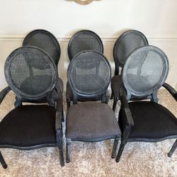 Set of 6 Vintage French-Style Cane Back Dining Chairs – Black Finish