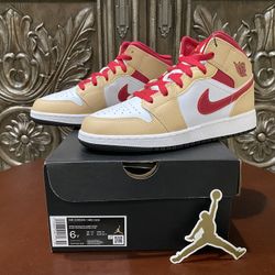 Nike Air Jordan 1 Mid (GS) Beige Red - Youth 6/Women's 7.5/Men's 6