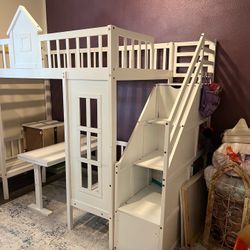 Elevated Kids Loft Bed with Built-in Desk and Benches – Like New!