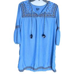 J Jill Embroidered Chambray Denim Boho Tassel Dress Size XL Petite